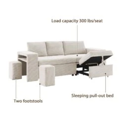 90.94 In. Beige Corduroy Upholstered L-Shaped Sleeper Sectional Sofa With Storage And Removable Ottomans For Living Room -Jearey beige jearey sectional sofas lsbsf beige 1f 1000