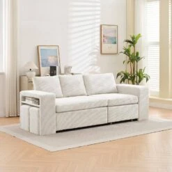 90.94 In. Beige Corduroy Upholstered L-Shaped Sleeper Sectional Sofa With Storage And Removable Ottomans For Living Room -Jearey beige jearey sectional sofas lsbsf beige 31 1000