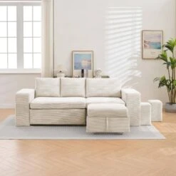 90.94 In. Beige Corduroy Upholstered L-Shaped Sleeper Sectional Sofa With Storage And Removable Ottomans For Living Room -Jearey beige jearey sectional sofas lsbsf beige 4f 1000