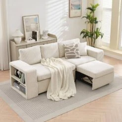 90.94 In. Beige Corduroy Upholstered L-Shaped Sleeper Sectional Sofa With Storage And Removable Ottomans For Living Room -Jearey beige jearey sectional sofas lsbsf beige c3 1000