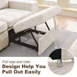 90.94 In. Beige Corduroy Upholstered L-Shaped Sleeper Sectional Sofa With Storage And Removable Ottomans For Living Room -Jearey beige jearey sectional sofas lsbsf beige fa 1000