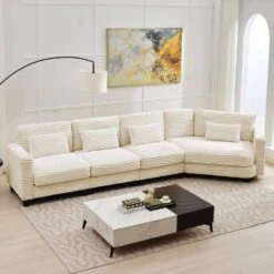 154 In. Corduroy Modular Rectangular Shaped Beige 4 Seat Sectional Sofa For Living Room And Spacious Space -Jearey beige jearey sectional sofas lydtr 4 beige 31 1000