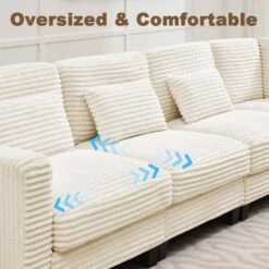 154 In. Corduroy Modular Rectangular Shaped Beige 4 Seat Sectional Sofa For Living Room And Spacious Space -Jearey beige jearey sectional sofas lydtr 4 beige 4f 1000