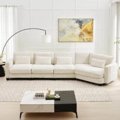 154 In. Corduroy Modular Rectangular Shaped Beige 4 Seat Sectional Sofa For Living Room And Spacious Space