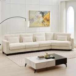 154 In. Corduroy Modular Rectangular Shaped Beige 4 Seat Sectional Sofa For Living Room And Spacious Space -Jearey beige jearey sectional sofas lydtr 4 beige c3 1000