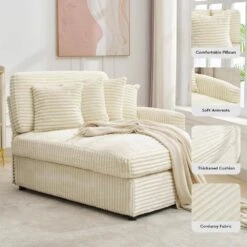 100.78 In. Beige Corduroy Detachable Sofa With Eight Pillows -Jearey beige jearey sectional sofas qexdxr y beige 1f 1000
