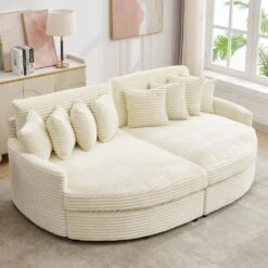 100.78 In. Beige Corduroy Detachable Sofa With Eight Pillows -Jearey beige jearey sectional sofas qexdxr y beige 31 1000