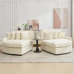 100.78 In. Beige Corduroy Detachable Sofa With Eight Pillows -Jearey beige jearey sectional sofas qexdxr y beige c3 1000