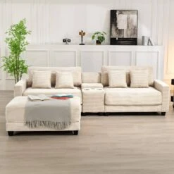 Laibai 111.81 In. Square Arm Velvet Modular 3-Piece Modern Sofa With Cup Holder And Ottoman In Beige -Jearey beige jearey sofas couches dxrabc beige 31 1000