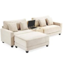 Laibai 111.81 In. Square Arm Velvet Modular 3-Piece Modern Sofa With Cup Holder And Ottoman In Beige -Jearey beige jearey sofas couches dxrabc beige 66 1000