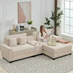 Laibai 111.81 In. Square Arm Velvet Modular 3-Piece Modern Sofa With Cup Holder And Ottoman In Beige -Jearey beige jearey sofas couches dxrabc beige 76 1000