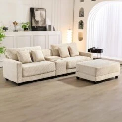 Laibai 111.81 In. Square Arm Velvet Modular 3-Piece Modern Beige Sofa With Cup Holder And Ottoman -Jearey beige jearey sofas couches xdxrabc beige 31 1000