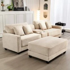 Laibai 111.81 In. Square Arm Velvet Modular 3-Piece Modern Beige Sofa With Cup Holder And Ottoman -Jearey beige jearey sofas couches xdxrabc beige 44 1000