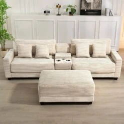 Laibai 111.81 In. Square Arm Velvet Modular 3-Piece Modern Beige Sofa With Cup Holder And Ottoman