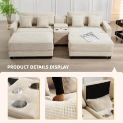 Laibai 111.81 In. Square Arm Velvet Modular 4-Piece Modern Beige Sofa With Cup Holder And Ottoman -Jearey beige jearey sofas couches xdxrabcd beige 4f 1000