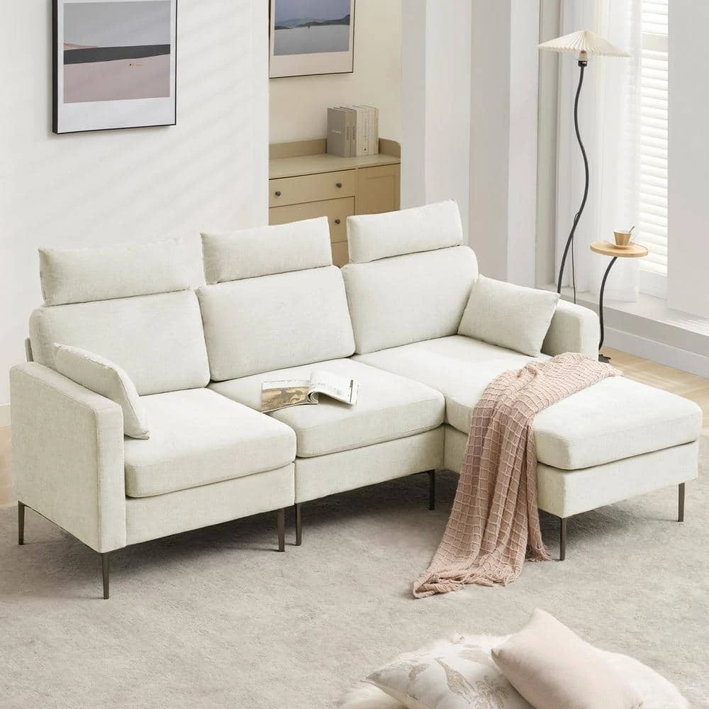 89 In. Square Arm Fabric L Shape Sectional Sofa With Chaise Lounge And Pillow In Beige 9 89 In. Square Arm Fabric L Shape Sectional Sofa With Chaise Lounge And Pillow In Beige - Image 9