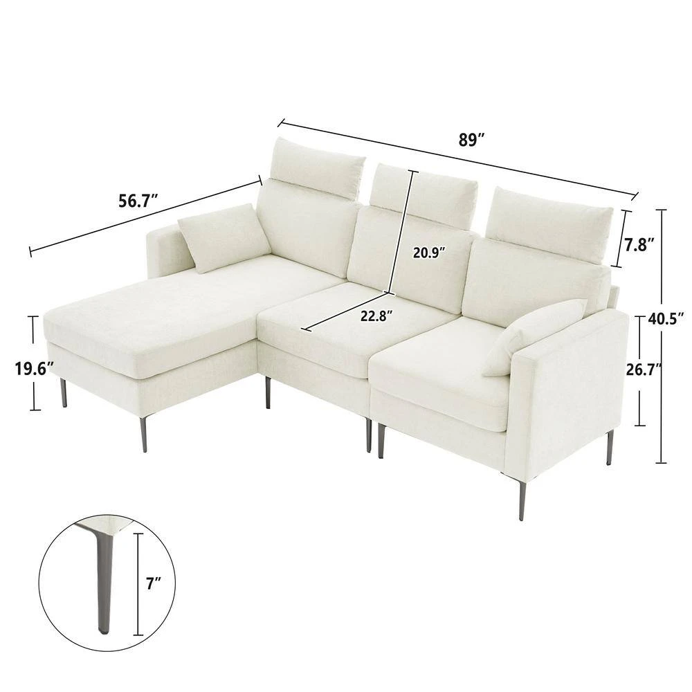 89 In. Square Arm Fabric L Shape Sectional Sofa With Chaise Lounge And Pillow In Beige 3 89 In. Square Arm Fabric L Shape Sectional Sofa With Chaise Lounge And Pillow In Beige - Image 3