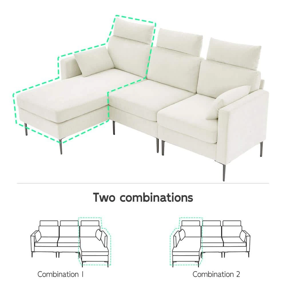 89 In. Square Arm Fabric L Shape Sectional Sofa With Chaise Lounge And Pillow In Beige 2 89 In. Square Arm Fabric L Shape Sectional Sofa With Chaise Lounge And Pillow In Beige - Image 2