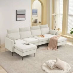 116.53 In. Square Arm Fabric U Shape Sectional Sofa With 2-Chaise Lounge And Pillow In Beige -Jearey beige jearey sofas couches xne 2 beige 31 1000