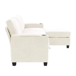 Modern 91 In. Beige Chenille Square Arm L-Shaped Storage Sofa With Cup Holder And Ottoman For Living -Jearey beige jearey sofas couches xnecw 3 beige 1f 1000