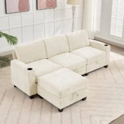 Modern 91 In. Beige Chenille Square Arm L-Shaped Storage Sofa With Cup Holder And Ottoman For Living -Jearey beige jearey sofas couches xnecw 3 beige 31 1000