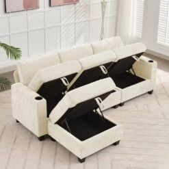 Modern 91 In. Beige Chenille Square Arm L-Shaped Storage Sofa With Cup Holder And Ottoman For Living -Jearey beige jearey sofas couches xnecw 3 beige 44 1000