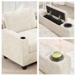 Modern 91 In. Beige Chenille Square Arm L-Shaped Storage Sofa With Cup Holder And Ottoman For Living -Jearey beige jearey sofas couches xnecw 3 beige c3 1000