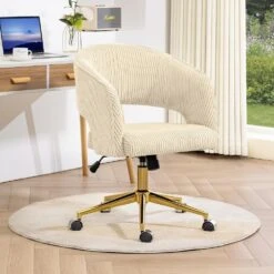 Beige Modern Swivel And Adjustable Task Chair Tufted Office Chair With Gold Base