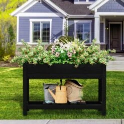 45 In. X 18 In. X 29 In. Outdoor Plastic Raised Garden Bed In Black, Elevated Planter For Herbs, Vegetables And Flowers