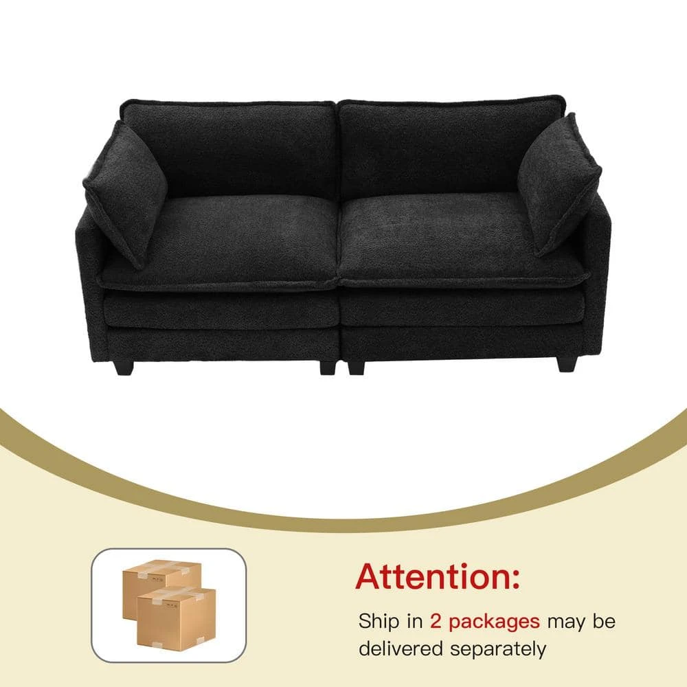 Modern 76.77 In. Black Looped Velvet Loveseat With Two Pillows For Living 3 Modern 76.77 In. Black Looped Velvet Loveseat With Two Pillows For Living - Image 3