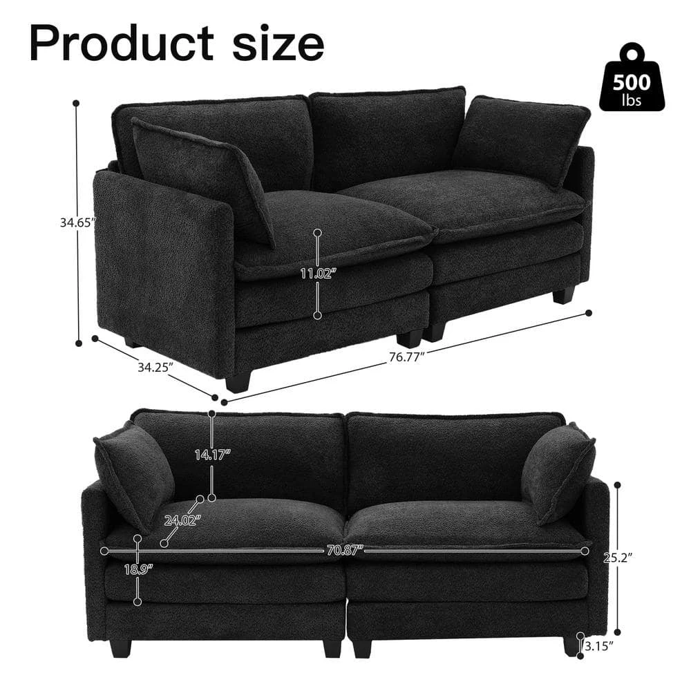 Modern 76.77 In. Black Looped Velvet Loveseat With Two Pillows For Living 2 Modern 76.77 In. Black Looped Velvet Loveseat With Two Pillows For Living - Image 2