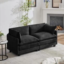 Modern 76.77 In. Black Looped Velvet Loveseat With Two Pillows For Living 14 Modern 76.77 In. Black Looped Velvet Loveseat With Two Pillows For Living -Jearey black jearey loveseats xes 5 grey fa 1000