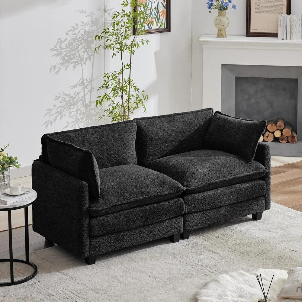 Modern 76.77 In. Black Looped Velvet Loveseat With Two Pillows For Living 7 Modern 76.77 In. Black Looped Velvet Loveseat With Two Pillows For Living - Image 7