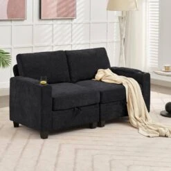 Modern 64.6 In Black Chenille Storage Loveseat With Cup Holder And Ottoman For Living -Jearey black jearey loveseats xnecw 2 black 31 1000
