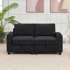 Modern 64.6 In Black Chenille Storage Loveseat With Cup Holder And Ottoman For Living