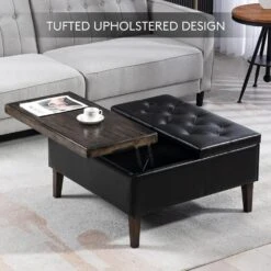 Black Faux Leather And Solid Wood Duplex Tufted Upholstered Lift-Top Ottoman Bench With Large Square Storage -Jearey black jearey ottomans e91gjd hd bk 4f 1000
