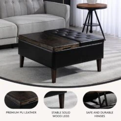 Black Faux Leather And Solid Wood Duplex Tufted Upholstered Lift-Top Ottoman Bench With Large Square Storage -Jearey black jearey ottomans e91gjd hd bk c3 1000