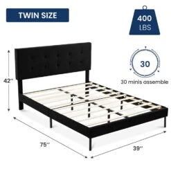 Alex Black Twin Upholstered Platform Bed Frame With Headboard -Jearey black jearey platform beds e111cj twin black 66 1000