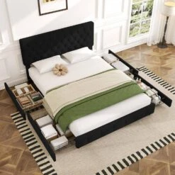 Black Full Linen Upholstered Storage Platform Bed Frame With Headboard -Jearey black jearey platform beds slssfy navy 31 1000