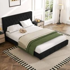 Black Full Linen Upholstered Storage Platform Bed Frame With Headboard