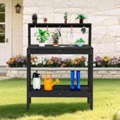 45.5 In. H X 34.8 In. W X 17.7 In. D Black HDPE Potting Bench Table, Multi-Purpose Plant And Storage Shelf