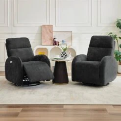 Chenille Black 3-Position Swivel Power Nursery Recliner With USB And Induction Light Strip For Living Room (Set Of 2) -Jearey black jearey recliners rc sw black 31 1000