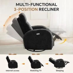 Chenille Black 3-Position Swivel Power Nursery Recliner With USB And Induction Light Strip For Living Room (Set Of 2) -Jearey black jearey recliners rc sw black 44 1000