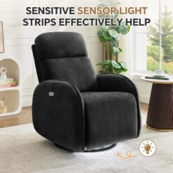 Chenille Black 3-Position Swivel Power Nursery Recliner With USB And Induction Light Strip For Living Room (Set Of 2) -Jearey black jearey recliners rc sw black c3 1000
