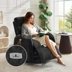 Chenille Black 3-Position Swivel Power Nursery Recliner With USB And Induction Light Strip For Living Room (Set Of 2) -Jearey black jearey recliners rc sw black fa 1000