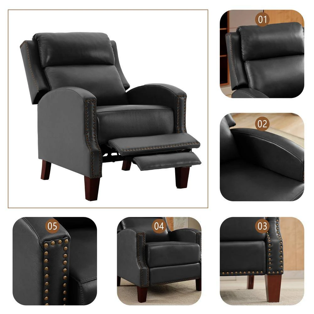 Classic Vintage Cigar Black Hand Push Leather Recliner With Nailhead Trim 4 Classic Vintage Cigar Black Hand Push Leather Recliner With Nailhead Trim - Image 4