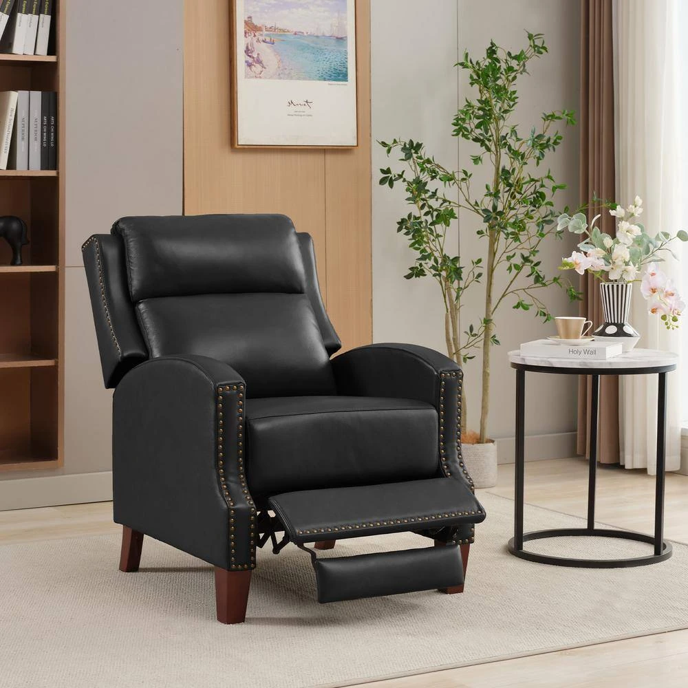 Classic Vintage Cigar Black Hand Push Leather Recliner With Nailhead Trim 8 Classic Vintage Cigar Black Hand Push Leather Recliner With Nailhead Trim - Image 8