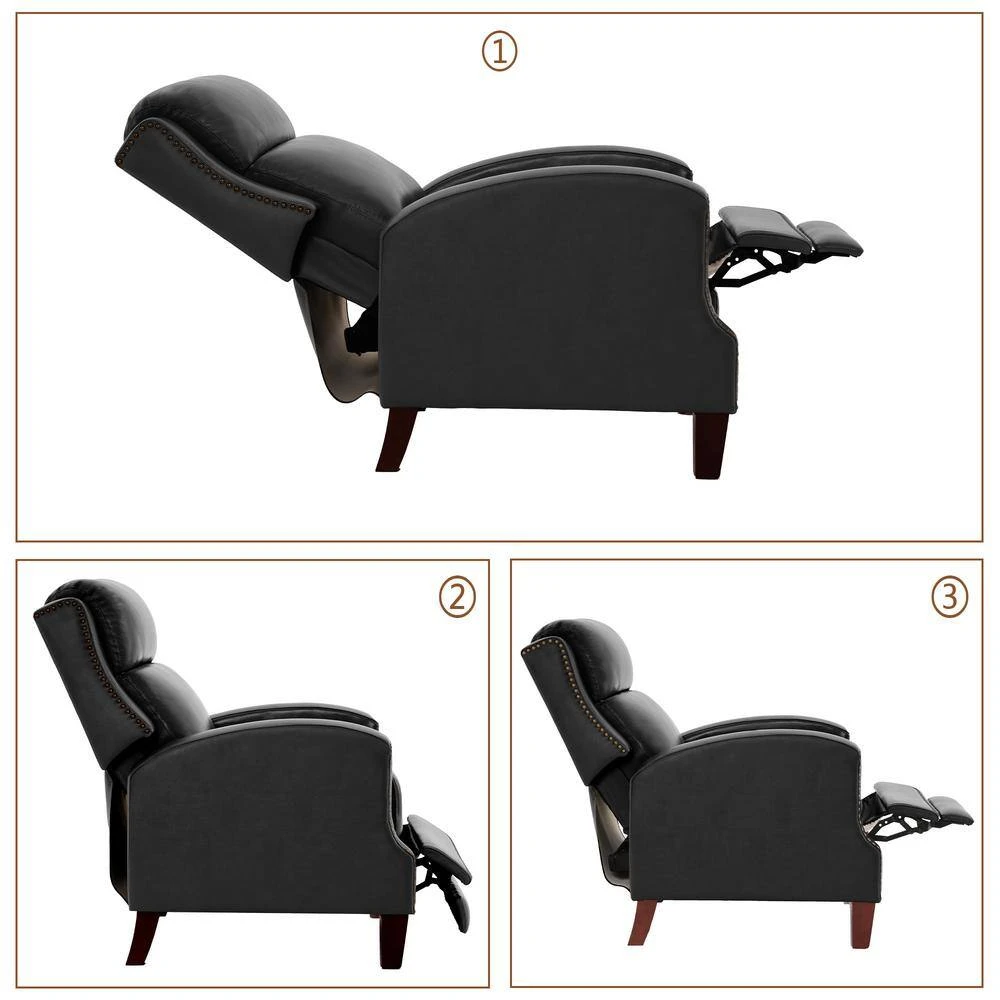 Classic Vintage Cigar Black Hand Push Leather Recliner With Nailhead Trim 3 Classic Vintage Cigar Black Hand Push Leather Recliner With Nailhead Trim - Image 3