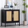 Rattan Buffet 2-Door Black Storage Sideboard Cabinet With Adjustable Legs