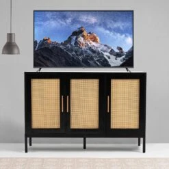 Black Wood 47.24 In. W Rattan Contemporary Storage Sideboard With Adjustable Legs -Jearey black jearey sideboards buffet tables smg black 1f 1000